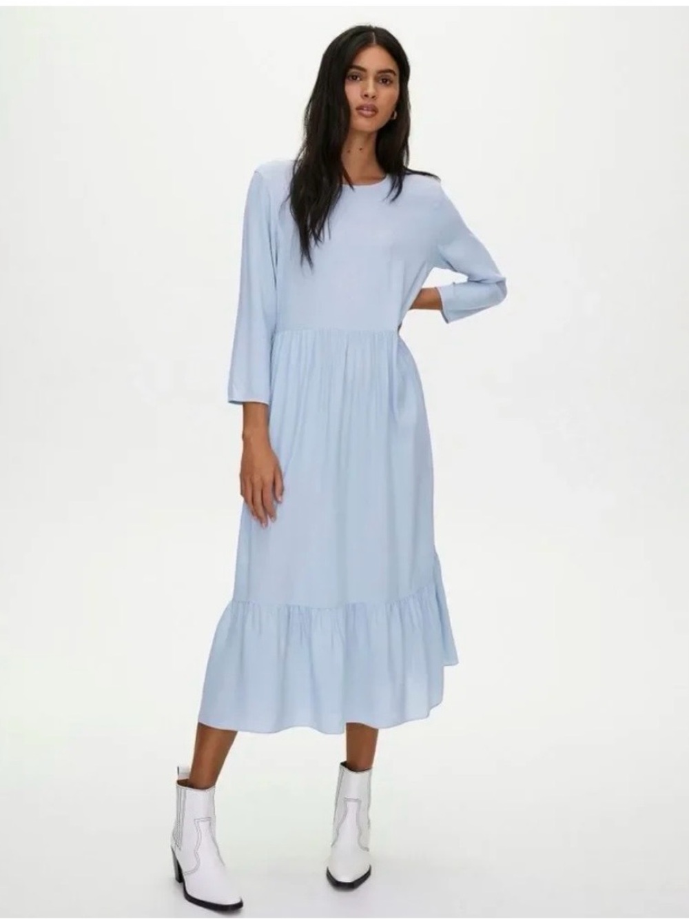Little Moon Pale Blue Tiered Midi Dress